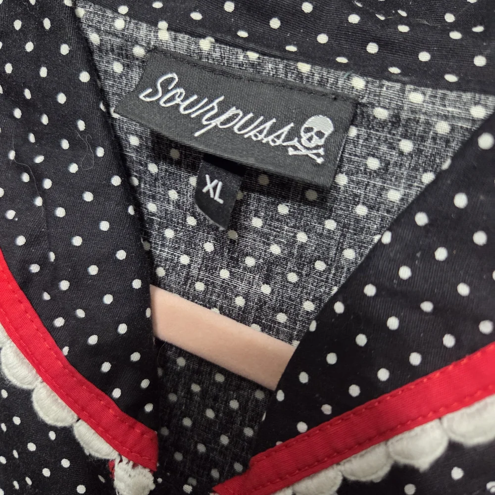 Sourpuss Black Polka Dot Dress with Red Trim. Size XL - Picture 3 of 9